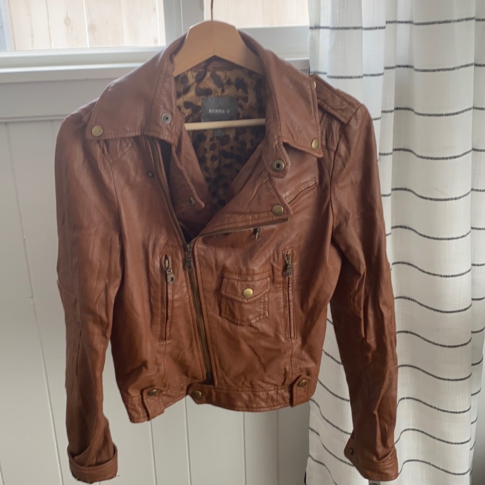 Cognac Leather Jacket with leopard, Small